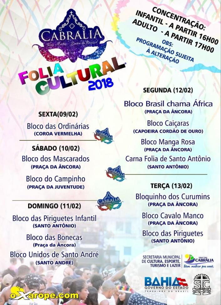Cartaz   Carnaval Cultural de Sta Cruz Cabrlia - Praa da ncora, Segunda-feira 12 de Fevereiro de 2018