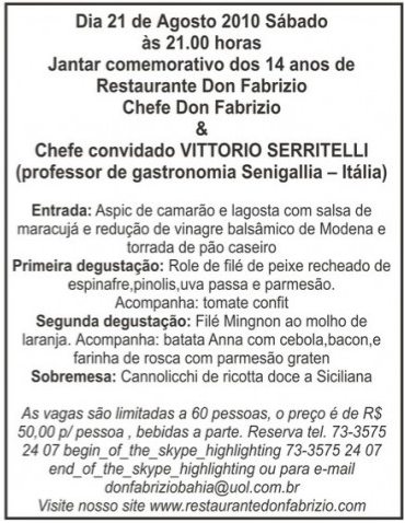 Cartaz   Restaurante Don Fabrizio - Rua do Mucug, Sábado 21 de Agosto de 2010